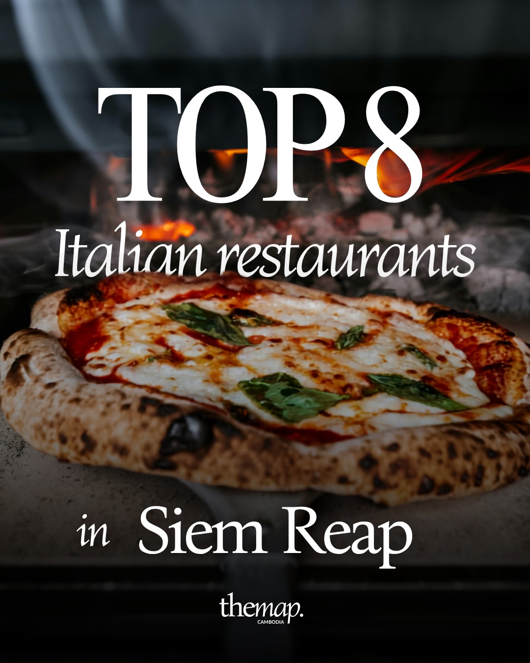 Wood-fired Margherita pizza with basil pulled from a flaming oven in Siem Reap