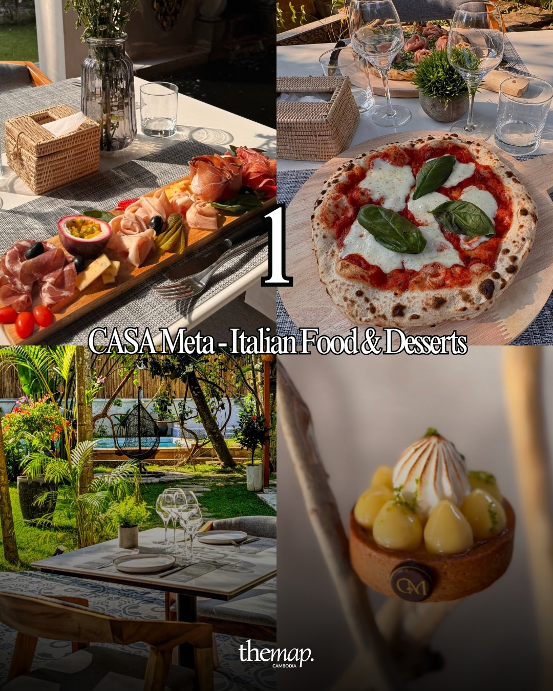 Antipasti board, Margherita pizza and a lemon tart in the garden at Casa Meta, Siem Reap