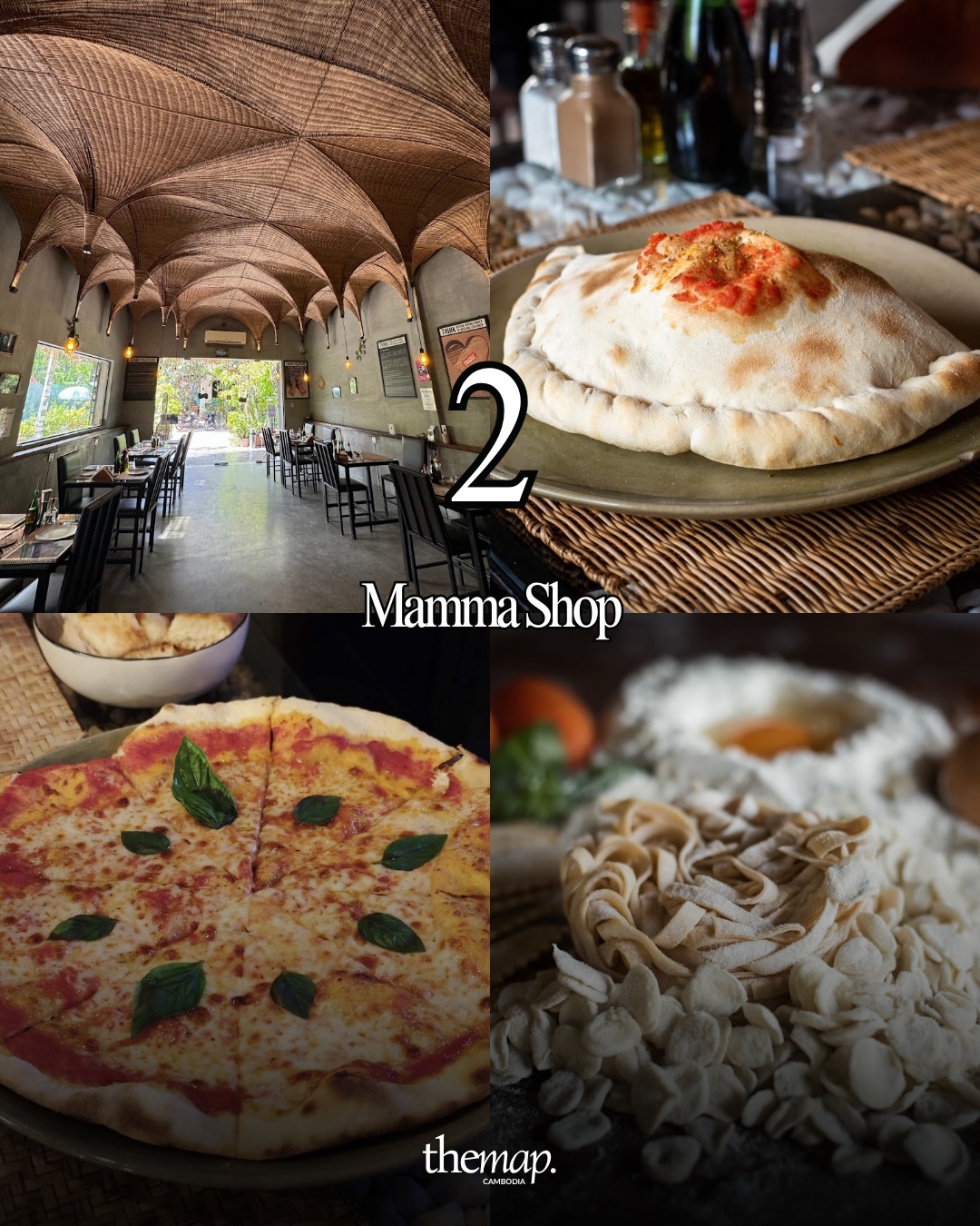 Vaulted woven ceiling dining room, calzone and fresh pasta at Mamma Shop, Siem Reap