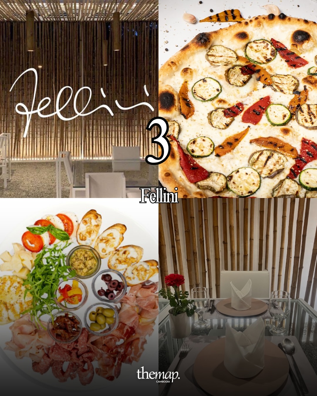 Grilled vegetable pizza and shared antipasti platter at Fellini, a minimalist Italian restaurant in Siem Reap