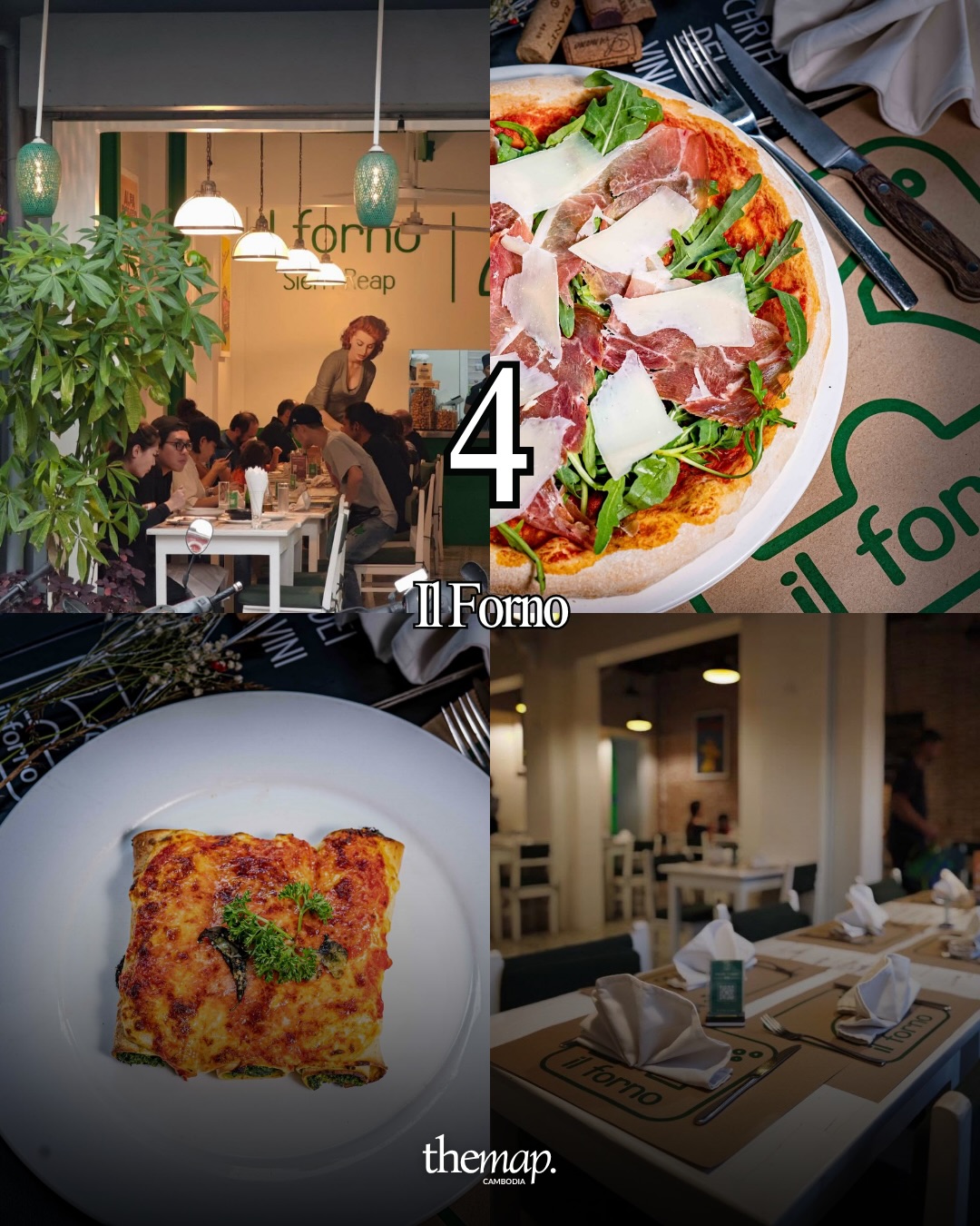 Prosciutto and rocket pizza beside a baked lasagna at Il Forno, Siem Reap