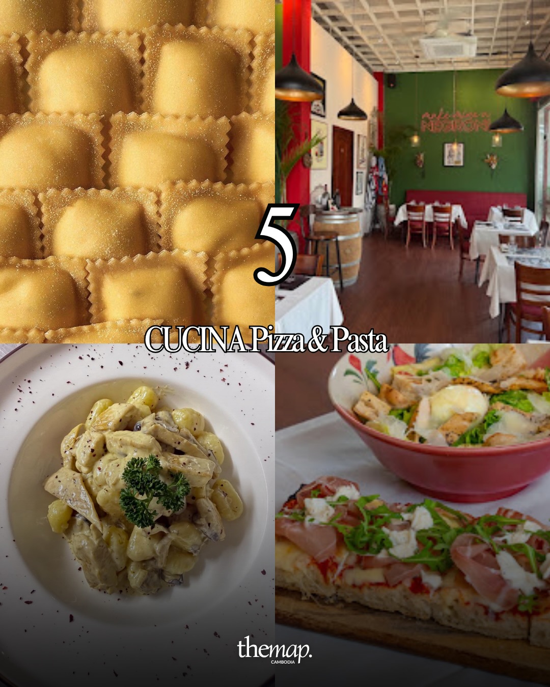 Ravioli, mushroom gnocchi and a red-and-green trattoria interior at Cucina Pizza & Pasta, Siem Reap