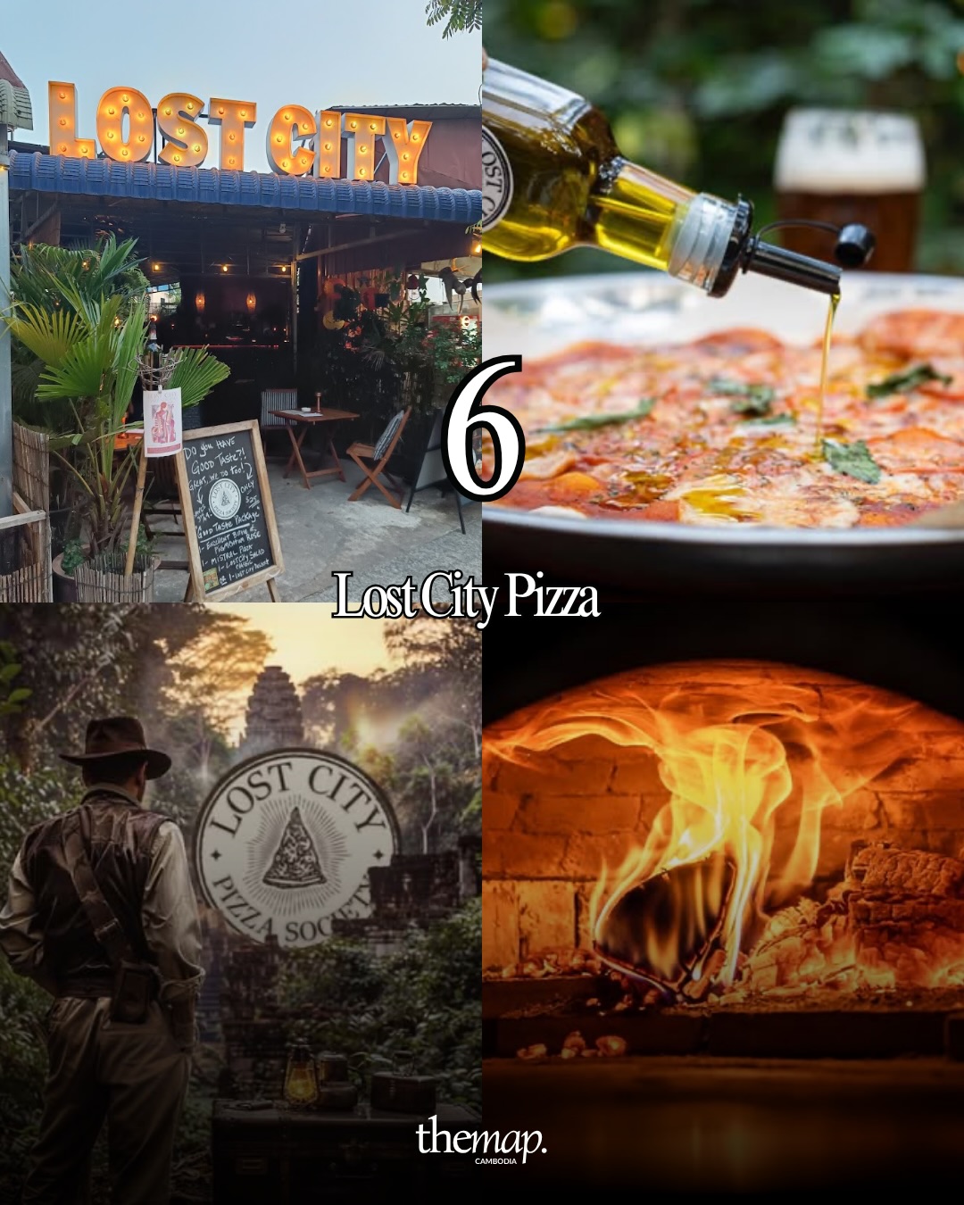 Lost City Pizza storefront, a wood-fired oven and an olive-oil-drizzled pizza in Siem Reap
