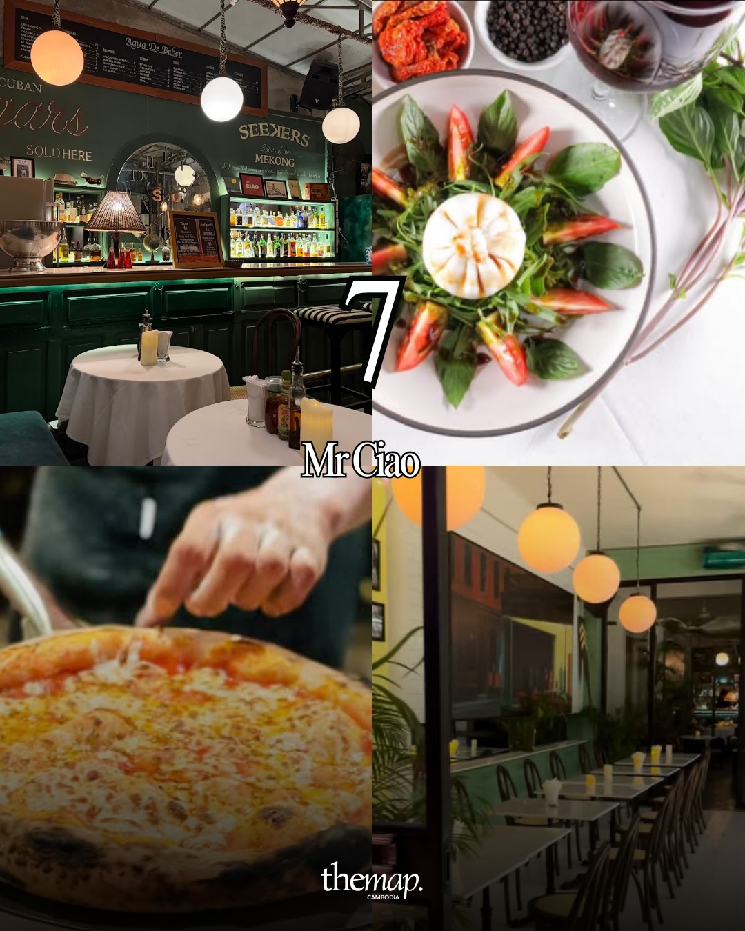 Burrata salad and a fresh pizza in the candlelit, bar-led room at Mr Ciao, Siem Reap