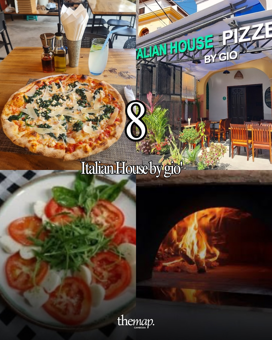 Caprese salad, a greens-topped pizza and a wood-fired oven at Italian House by gio', Siem Reap